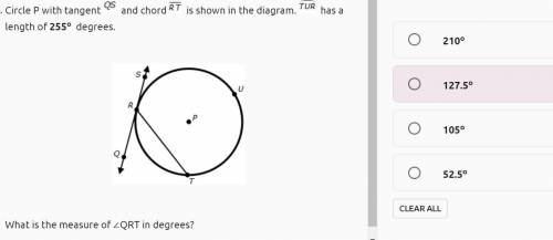 Circle P with tangent and chord is shown in the diagram. has a length of 255o degrees.

What is th