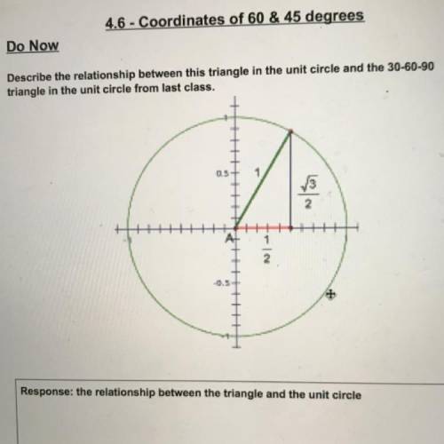 Describe the relationship between this triangle in the unit circle and the 30-60-90

triangle in t