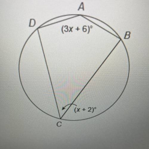 A

Calculator
D
(3x + 6)
B
Quadrilateral ABCD is inscribed in a circle.
What is the measure of ang