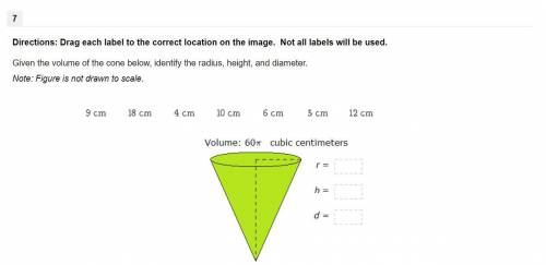 Given the volume of the cone below, identify the radius, height, and diameter.