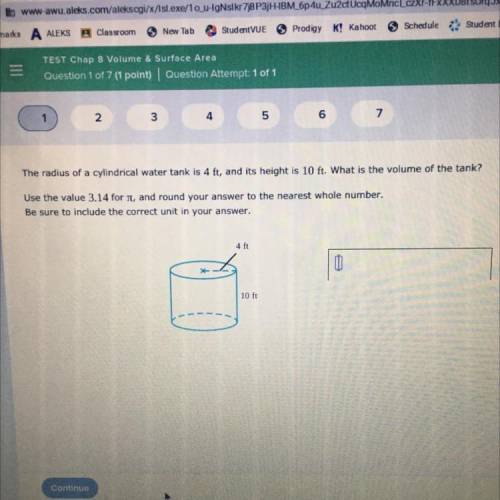 the radius of a cylindrical water tank is 4ft, and it’s height is 10ft. What is the volume of the t