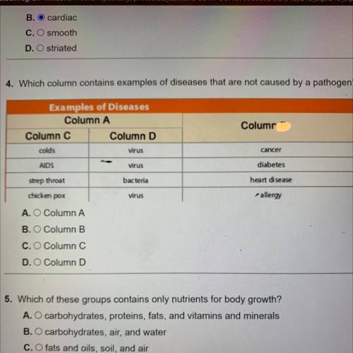 Which column contains examples of diseases that are not caused by a pathogen