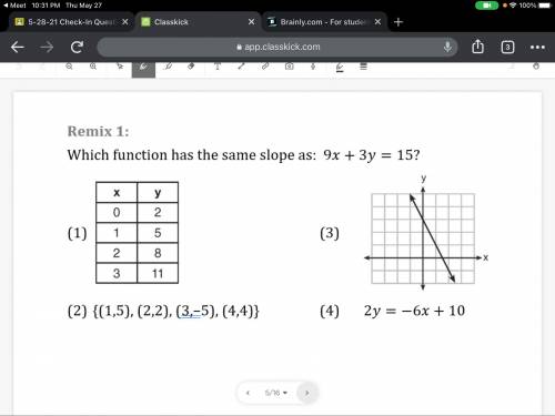 Which function has the same slope as 9x+3y=15