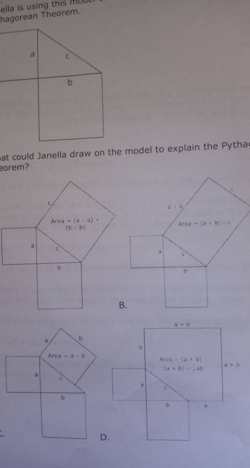janella is using this model of two squares and a right triangle to prove the pythagorean theorem wh