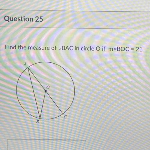Find the measure of angle BAC in circle O if measure BOC equals 21￼