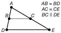 Based on the information above, which statement is true?

BC ⊥ AC
BC = AC
BC = 1/2 DE
AD = 1/2 AE