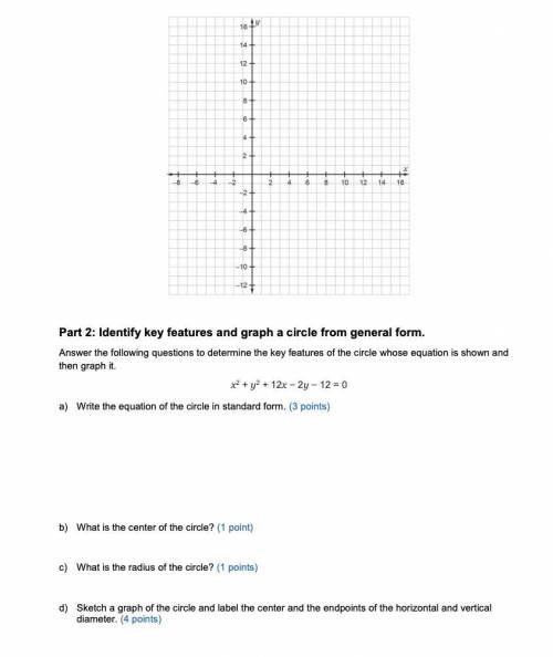 Please Help!!

Part 2: Identify key features and graph a circle from general form.
Answer the foll