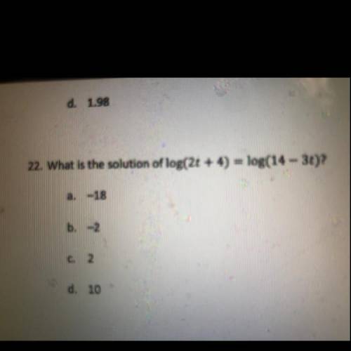 What is the solution of log(2+ + 4) = log(14.- 3c)?