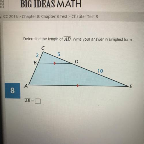 Determine the length of AB. Write your answer in simplest form,

C с
5
2
D
B
10
m
А
8
AB