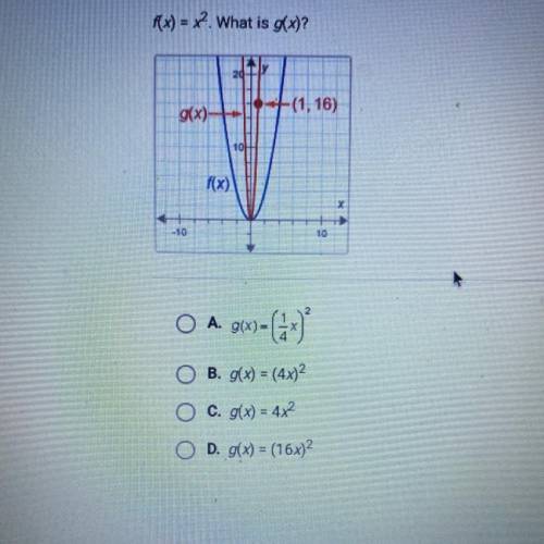 F(x) = x2. What is g(x)?

g(x)
+(1,16)
10
f(x)
- 10
10
O A. g(x)-()
O B. g(x) = (4x)
O c. g(x) = 4
