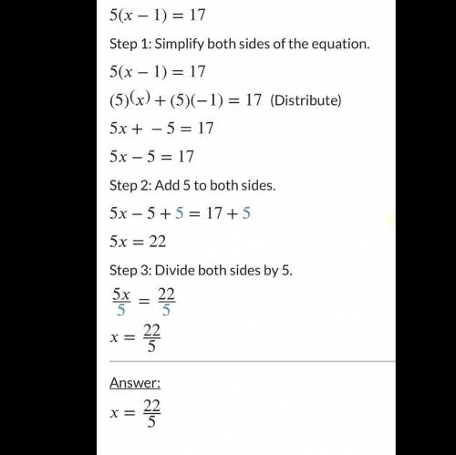 Solve the equation 5(x-1)=17