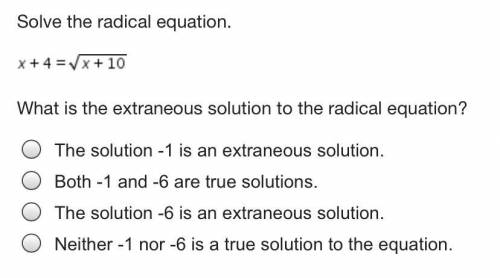 Solve the radical equation.

What is the extraneous solution to the radical equation?
The solution