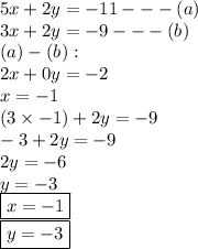 5x + 2y =  - 11 -  -  - (a) \\ 3x + 2y =  - 9 -  -  - (b) \\ (a) - (b) :  \\ 2x + 0y =  - 2 \\ x =  - 1 \\ (3 \times  - 1) + 2y =  - 9 \\  - 3 + 2y =  - 9 \\ 2y =  - 6 \\ y =  - 3 \\ { \boxed{x =  - 1}} \\ { \boxed{y =  - 3}}