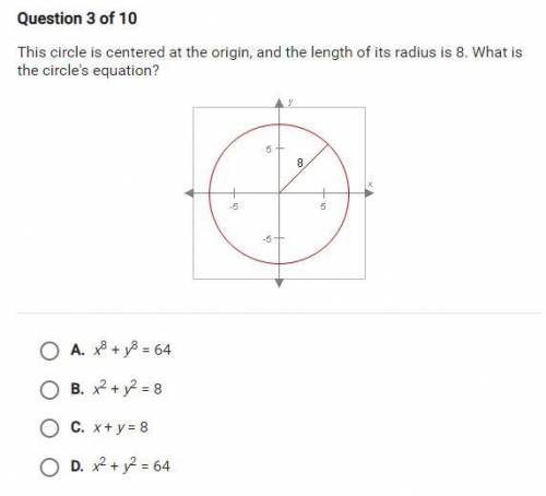 This circle is centered at the origin, and the length of its radius is 8. What is the circle's equa