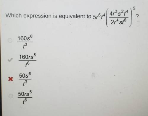 Which expression is equivalent to 5r⁶t⁴(4r³s²t⁴/2r⁴st⁶)⁵ ?160rs⁵/t⁶ aka B is the answer.​