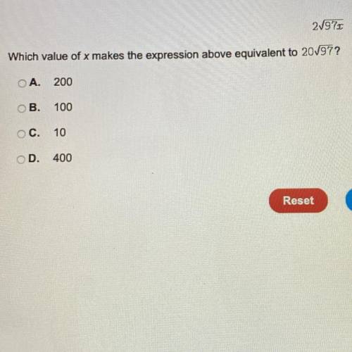 2sqroot97x

Which value of x makes the expression above equivalent to 20 sqroot97? pls provide a s