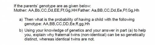 If the parents genotype are as given below:

mother:AA.Bb,CC,Dd,EE,Ff,Gg,HH Father:Aa,BB,CC,Dd,Ee,