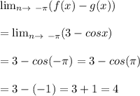 \lim_{n \to \ -\pi } (f(x) - g(x))\\\\ = \lim_{n \to \ -\pi } (3 - cos x)\\\\  = 3 - cos( - \pi) = 3 - cos(\pi)\\\\ = 3 - (-1) = 3 + 1 = 4