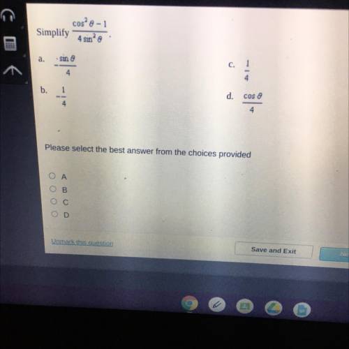HELP!!! Simplify cos^2 0 -1/ 4sin^2 0?
