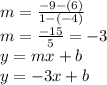 m =    \frac{  - 9 - (6)}{1 - ( - 4)}  \\ m =  \frac{ - 15}{5}  =  - 3 \\ y = mx + b \\ y = - 3x + b