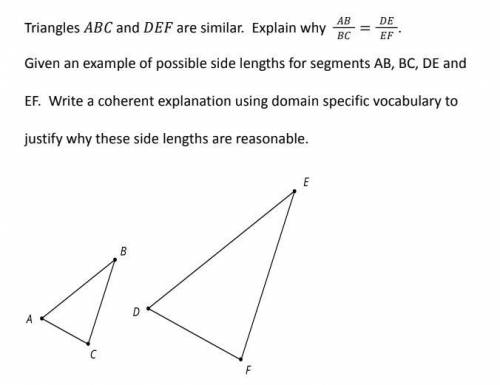 PLEASE HELP.

Triangles ABC and DEF are similar. Explain why./=/EF given an example of possible si