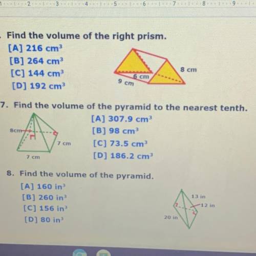 7. Find the volume of the pyramid to the nearest tenth.

[A] 307.9 cm
[B] 98 cm
[C] 73.5 cm
[D] 18