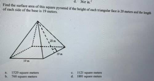 Geometry/// find the surface area of the square pyramid if the height of each triangular face is 20