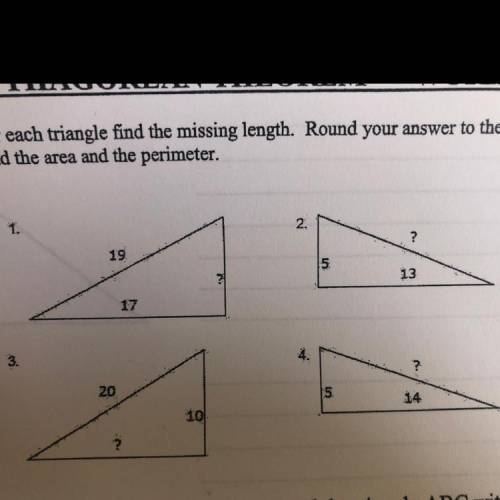 For each triangle find the missing length. Round your answer to the nearest tenth. Then find the ar