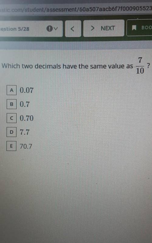 Which two decimals have the same value as 7/10 ​