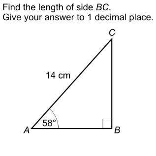 Find the length of the side BC. give your answer to one decimal place. A=58°. the hypotenuse is 14c