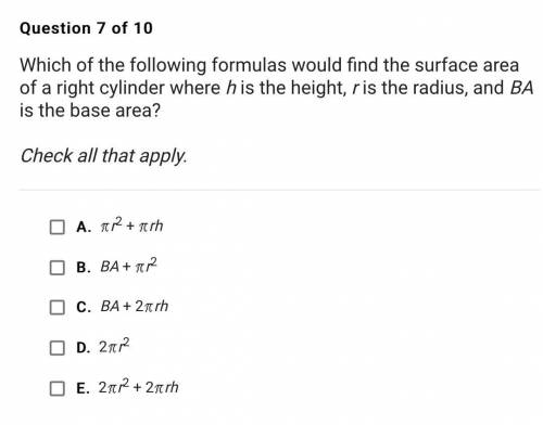 Which of the following would find the surface area of a right cylinder where h is the height, r is