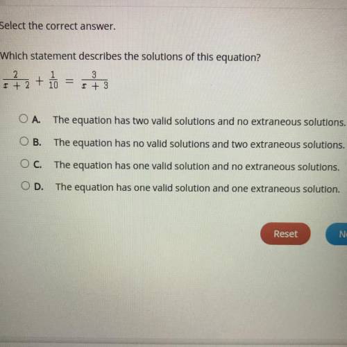 Select the correct answer.

Which statement describes the solutions of this equation?
2
1 + 2
12+
