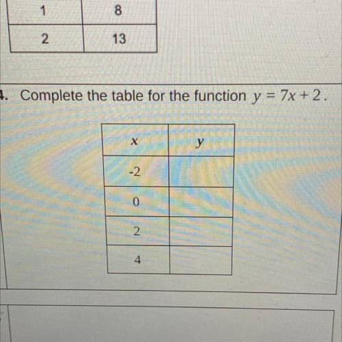 Complete the table for the function y = 7x + 2,
*LOOK AT PHOTO*