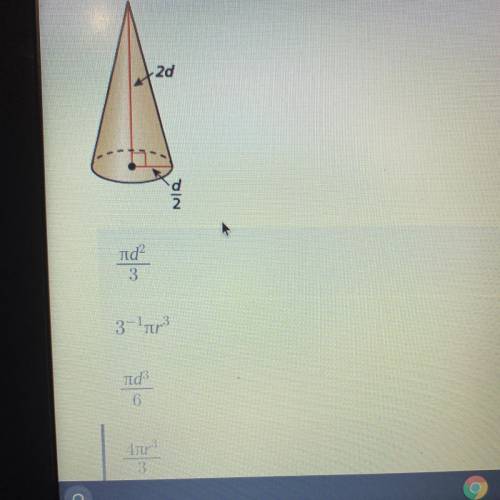 Which expressions represent the volume of the cone, where r is the radius, d is the diameter, and h