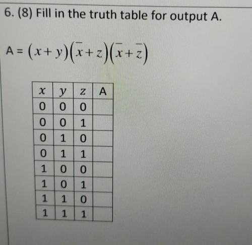 Fill in the truth table for output A. A = (x+y)(x'+z')(x'+z')​