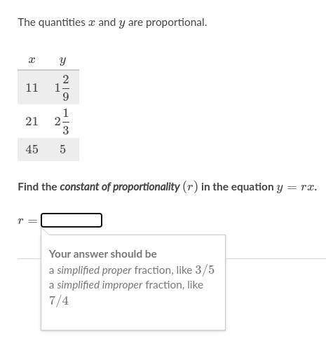 Find the constant of proportionality ( r ) in the equation y = rx.
