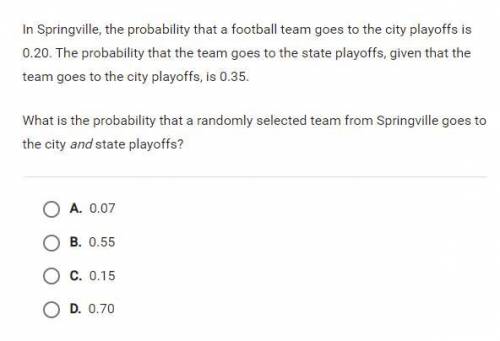 in springville, the probability that a football team goes to the city playoffs is 0.20. the probabi