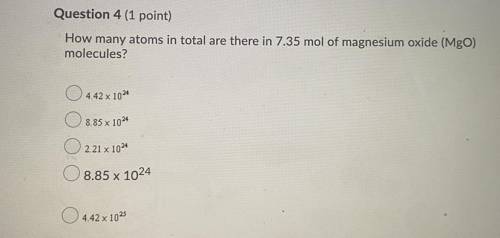 How many atoms in total are there in 7.35 mol of magnesium oxide (MgO)
molecules?