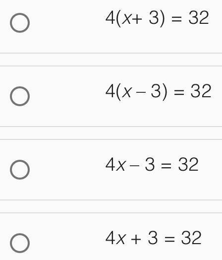If 4 is multiplied by the difference of a number and 3, the result is 32, which equation could be u