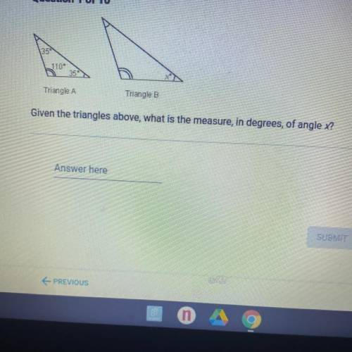 Given the triangles above, what is the measure, in degrees, of angle x?