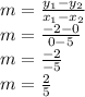 m=\frac{y_1-y_2}{x_1-x_2} \\m=\frac{-2-0}{0-5} \\m=\frac{-2}{-5}\\m=\frac{2}{5}
