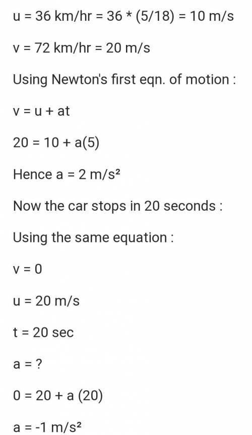 A car travelling at 36km/hour speeds up to 72km/hour in 5s what is its acceleration?