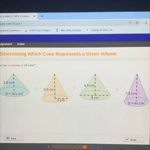 Which cone has a volume of 24 x cm?