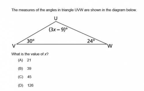 The measures of the angles in triangle UVW are shown in the diagram below.
