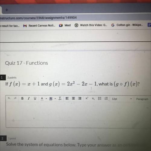 If f(x)=x+1 and g (x)=2x^2-2x-1 what is (gof)(x)