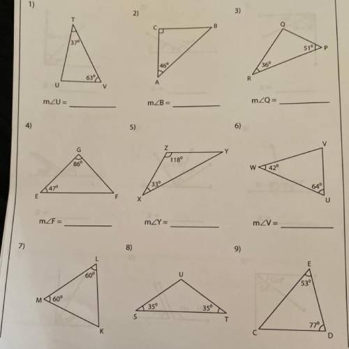(easy 7th grade math questions please help) find the measure of the indicated angle in each triangl