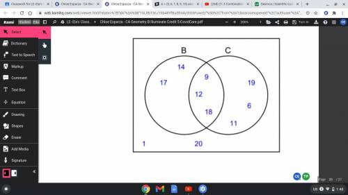 Set B and Set C are grouped according to the Venn Diagram below. Set B is {9, 12, 14, 17, 18} and S