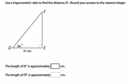 Use a trigonometric ratio to find the distance EF. Round your answer to the nearest integer.