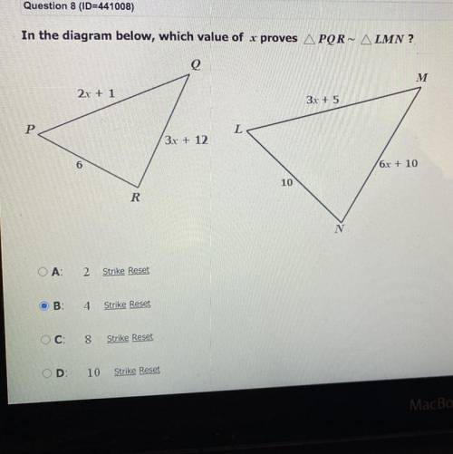In the diagram, which value of x proves triangle PQR ~ to triangle LMN?
