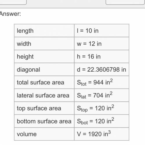 The dimensions of a rectangular prism are shown in the table.

Length: 10 in
Width: 12 in
Height: 1